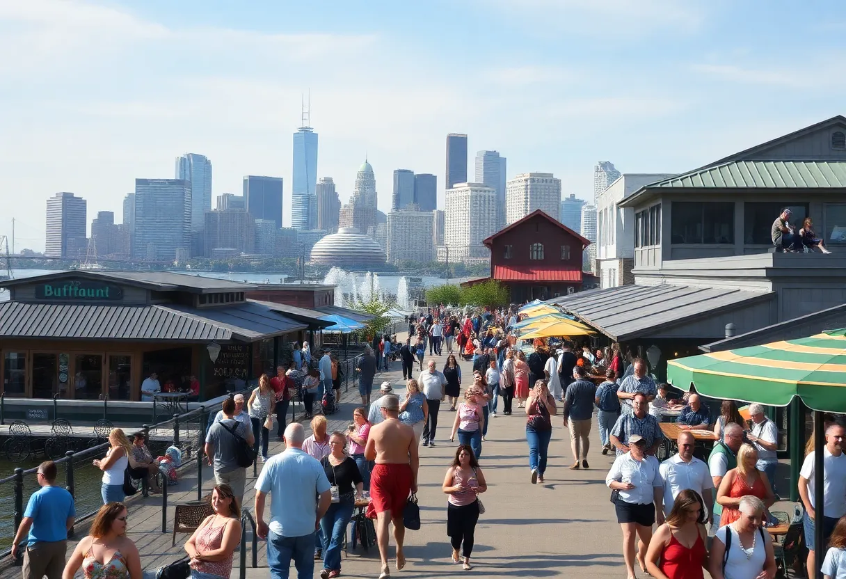 Tourists enjoying the Buffalo waterfront with skyline in the background