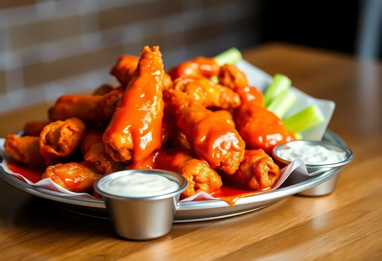 Crispy Buffalo wings with sauce and celery