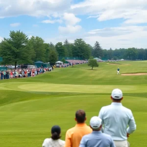 Golf course scene from the Buffalo Women's Open tournament, highlighting players and spectators.