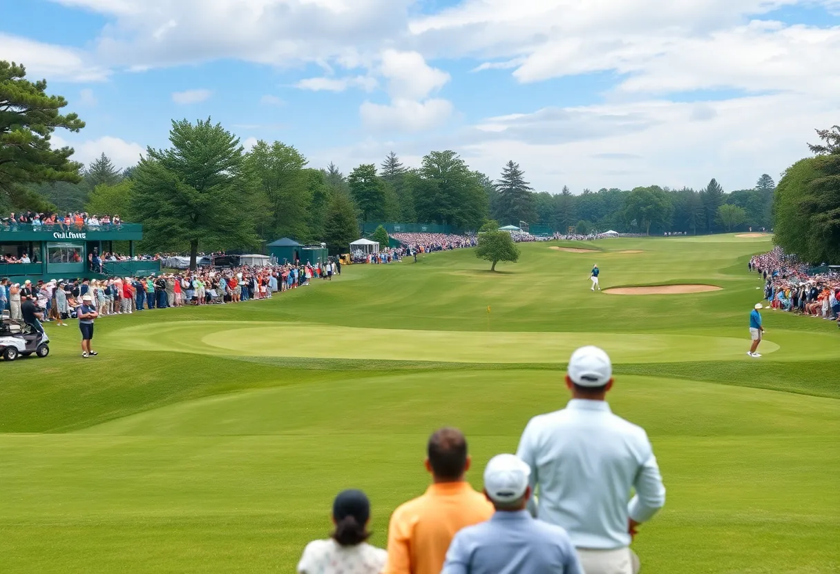 Golf course scene from the Buffalo Women's Open tournament, highlighting players and spectators.