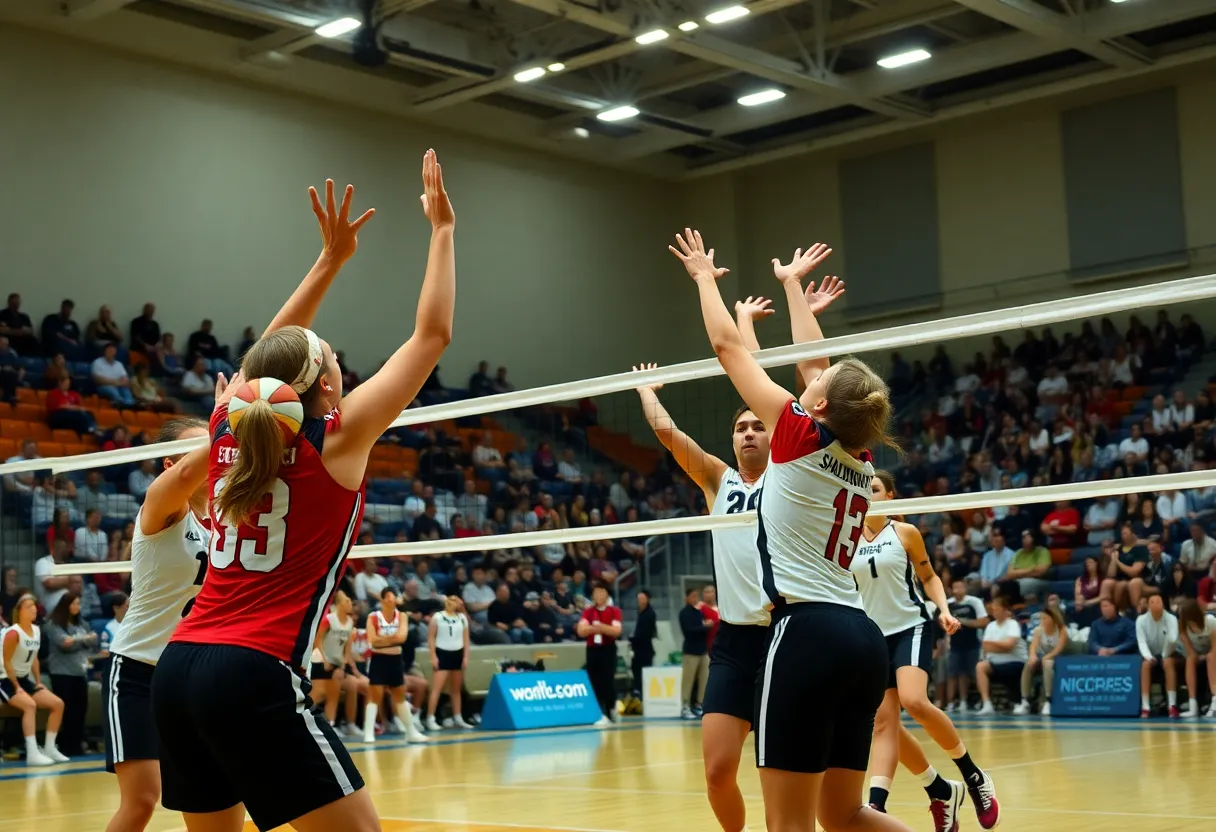 Buffalo women's volleyball team performing a defensive play during a game.