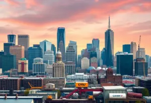 An illustration of the Buffalo skyline with diverse workers representing various industries.
