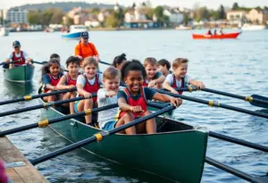 Children rowing at the waterfront as part of Buffalo's youth rowing initiative promoting diversity.