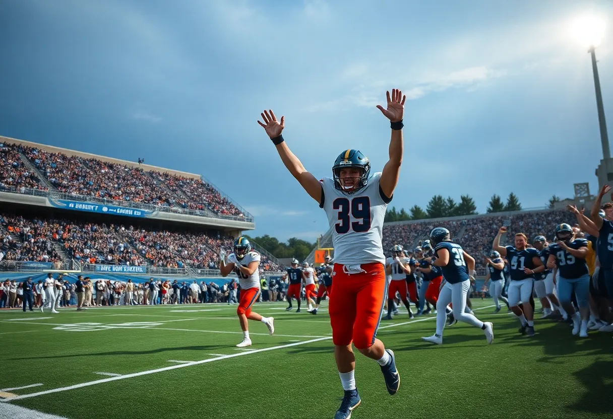 Buffalo Bulls players celebrating an overtime win against Eastern Michigan.