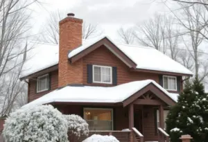 Winter scene of a Buffalo home with chimney smoke