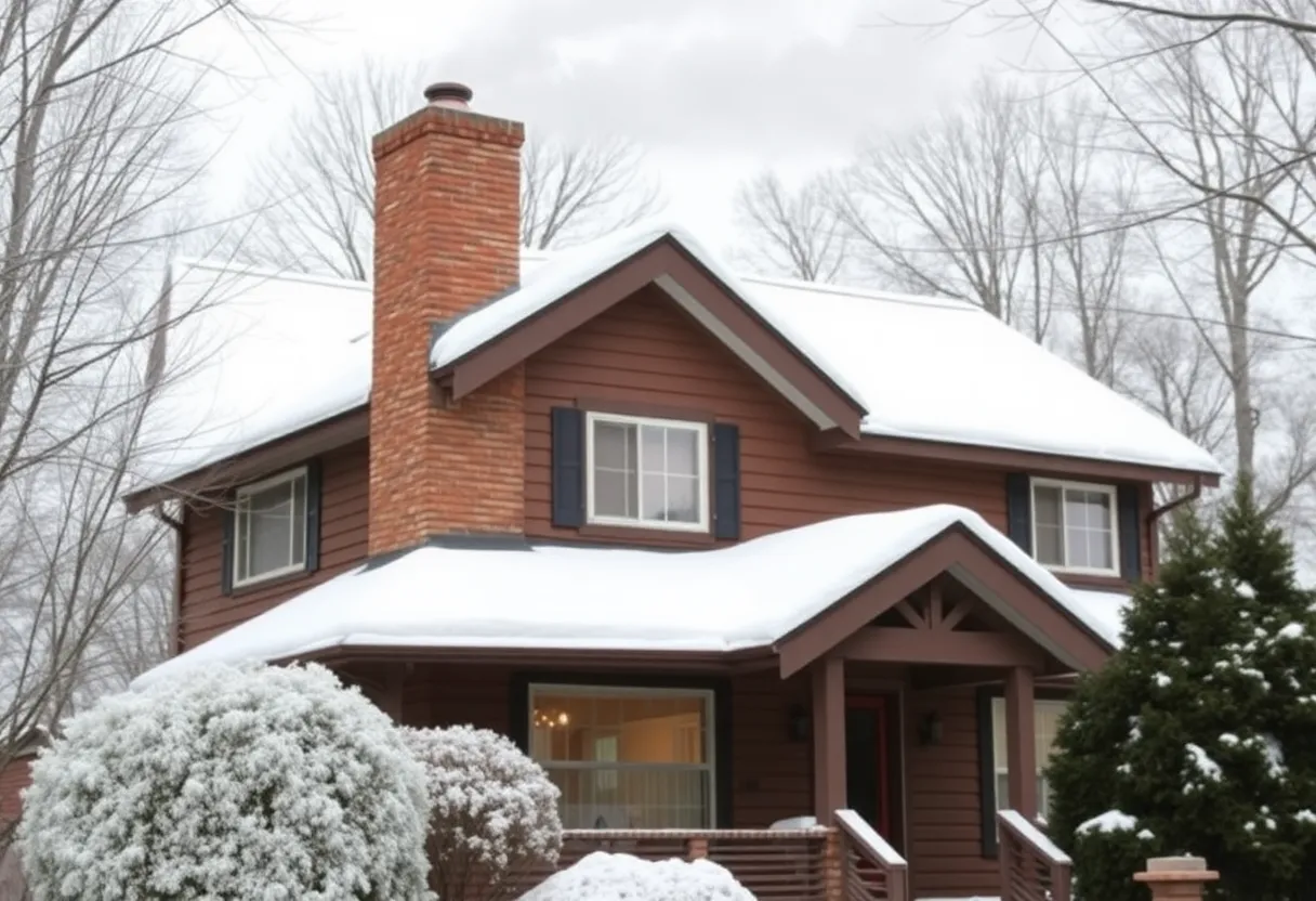 Winter scene of a Buffalo home with chimney smoke