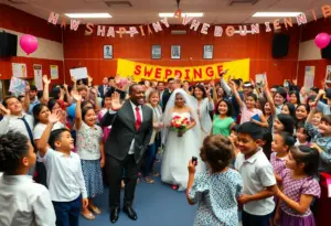 Students and staff celebrating a surprise wedding for their principal at a Buffalo high school assembly.