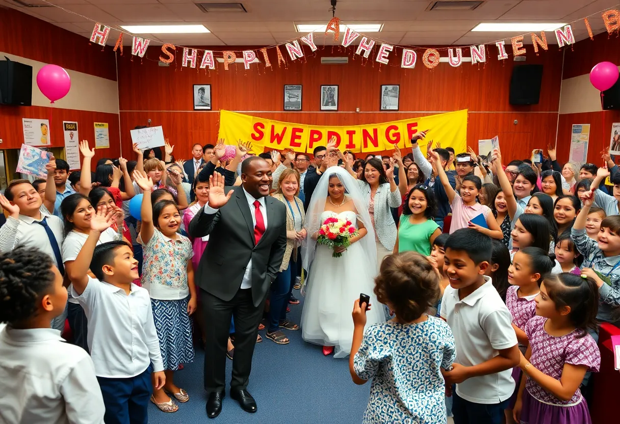 Students and staff celebrating a surprise wedding for their principal at a Buffalo high school assembly.