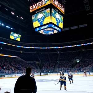 Buffalo Sabres players warming up on ice before season opener.