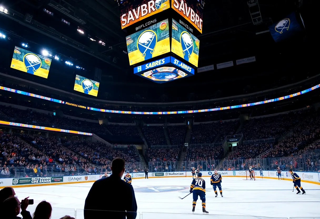 Buffalo Sabres players warming up on ice before season opener.