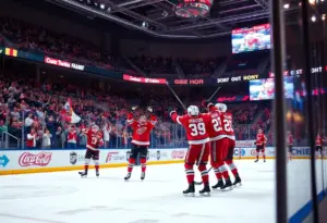 Buffalo Sabres players celebrating their victory against Ottawa Senators in a packed hockey arena