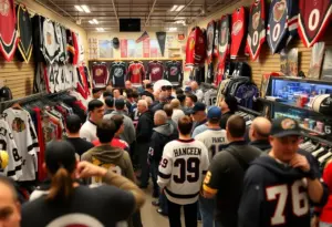 Fans buying Buffalo Sabres merchandise in a sports store