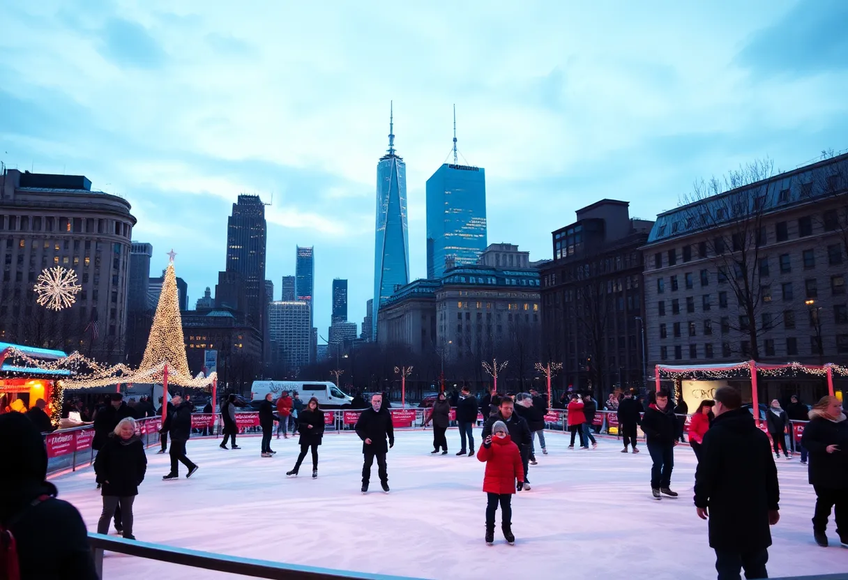 People enjoying skating at the outdoor ice rink at Canalside with holiday lights.