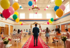 Elementary school gym transformed for a surprise wedding event