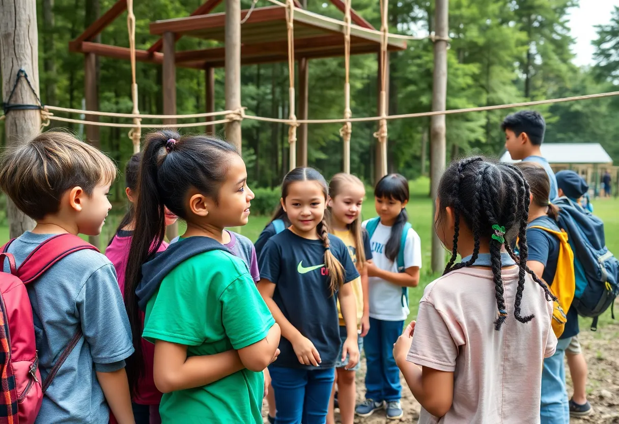 Students participating in teambuilding activities at Clarence Middle School Camp Day