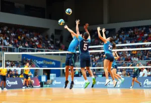 Clarkson volleyball players in action during the match against Rochester