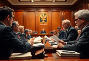A courtroom with legal teams presenting arguments during the Comey case hearing.
