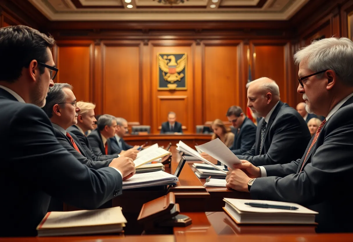 A courtroom with legal teams presenting arguments during the Comey case hearing.