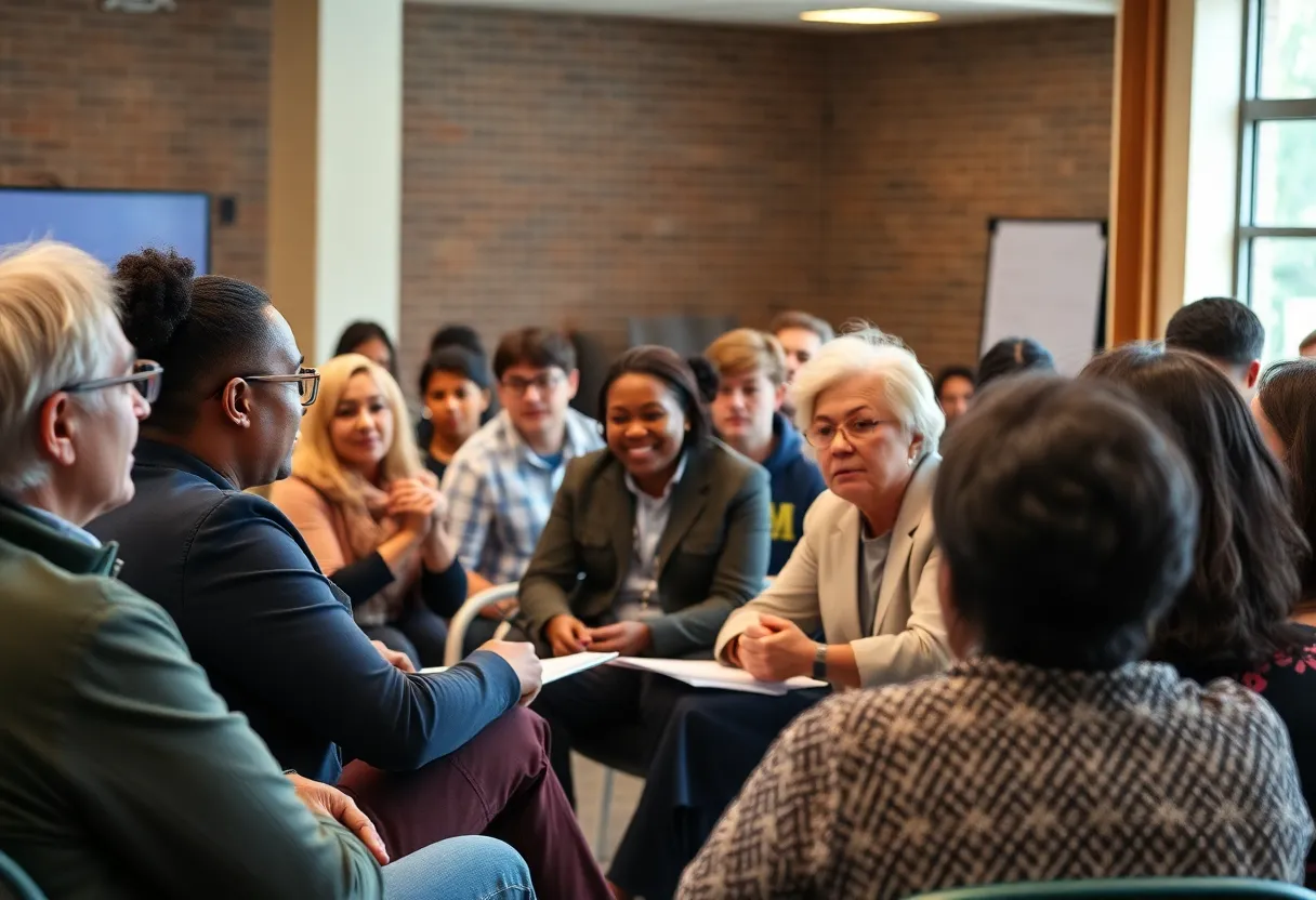 Residents of various backgrounds engaging in a community forum about education in Buffalo