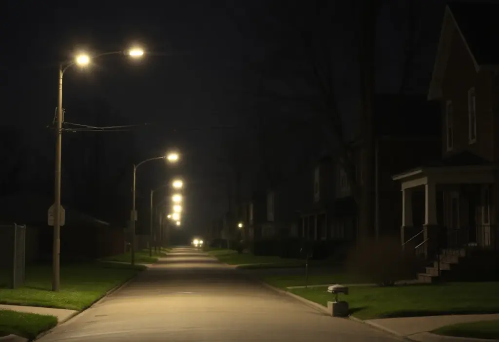 Quiet neighborhood in Buffalo with streetlights