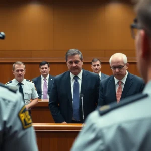 A courtroom scene depicting heightened security measures.