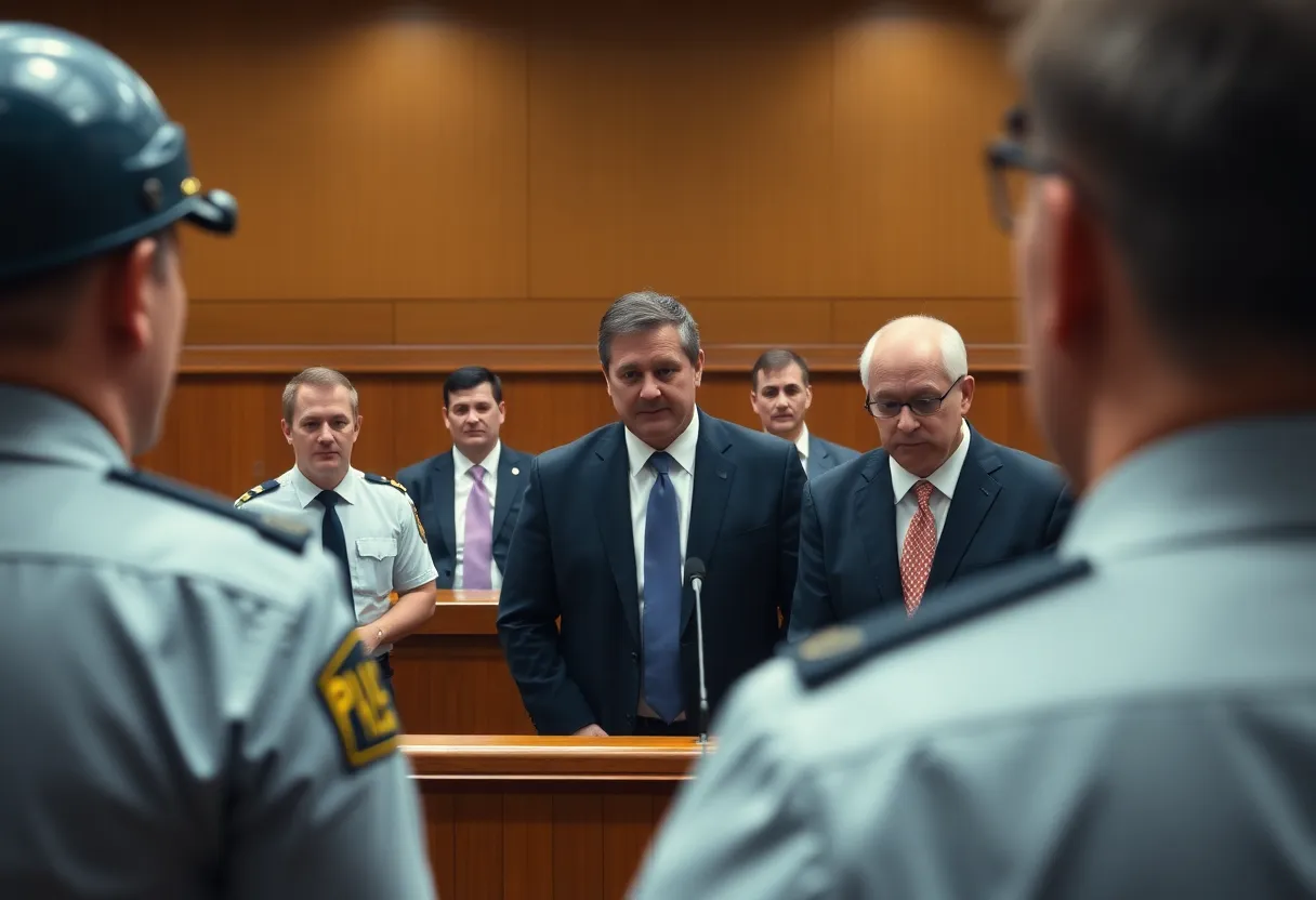 A courtroom scene depicting heightened security measures.