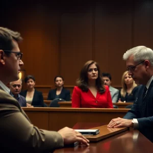Courtroom during a murder retrial with a focus on the jury and witness stand