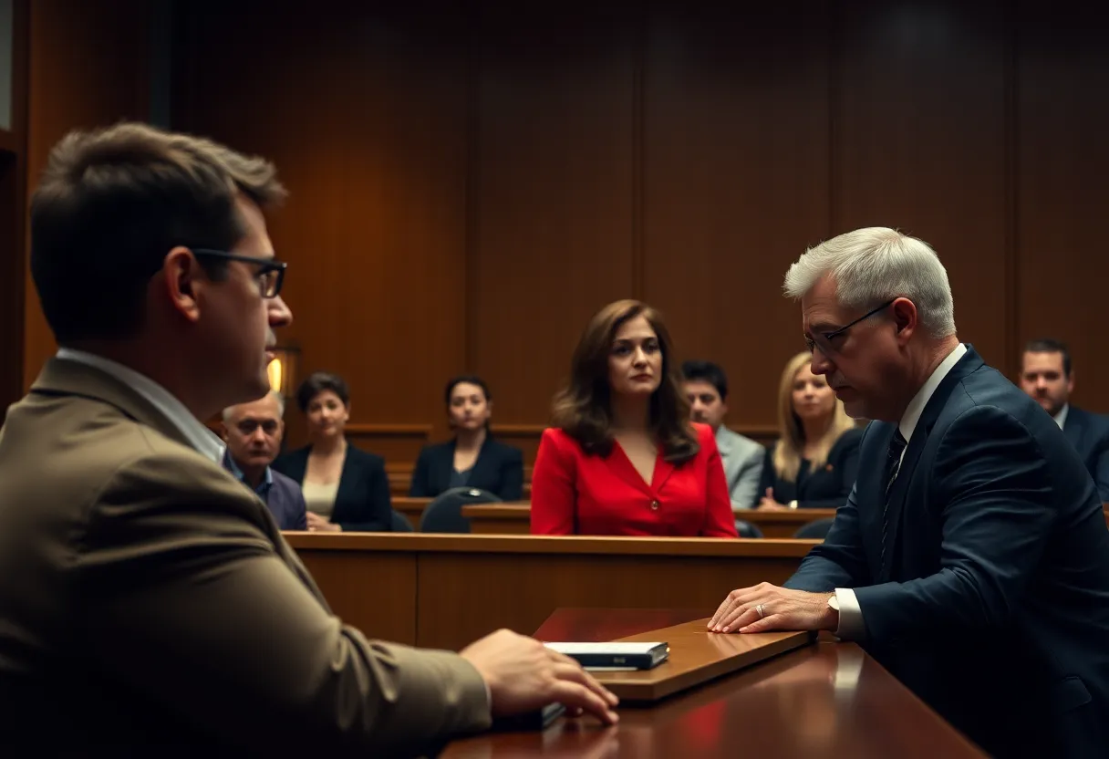 Courtroom during a murder retrial with a focus on the jury and witness stand