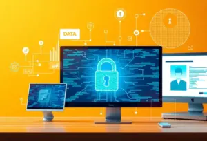 Illustration of data privacy protection featuring a digital padlock and computer screens.