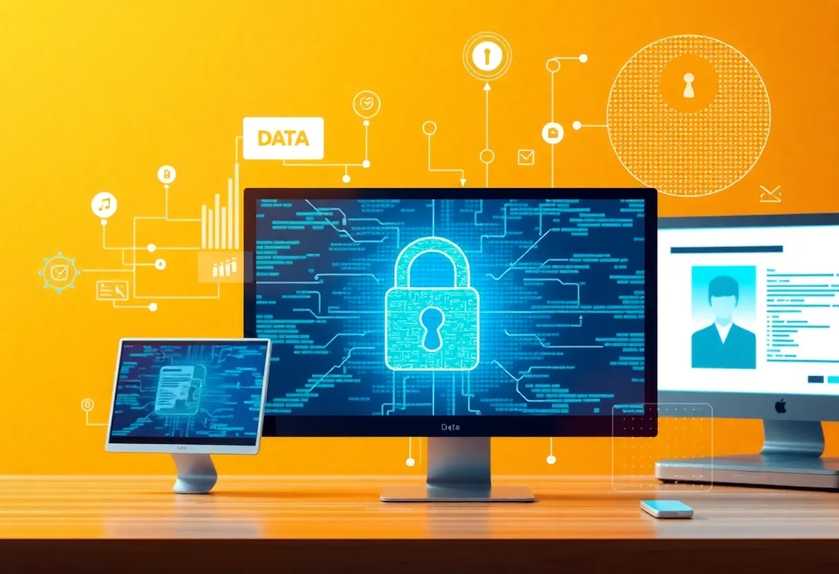 Illustration of data privacy protection featuring a digital padlock and computer screens.