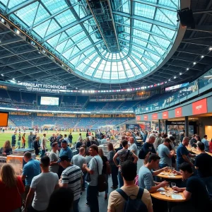 A busy sports venue with event attendees enjoying various food and beverage options.