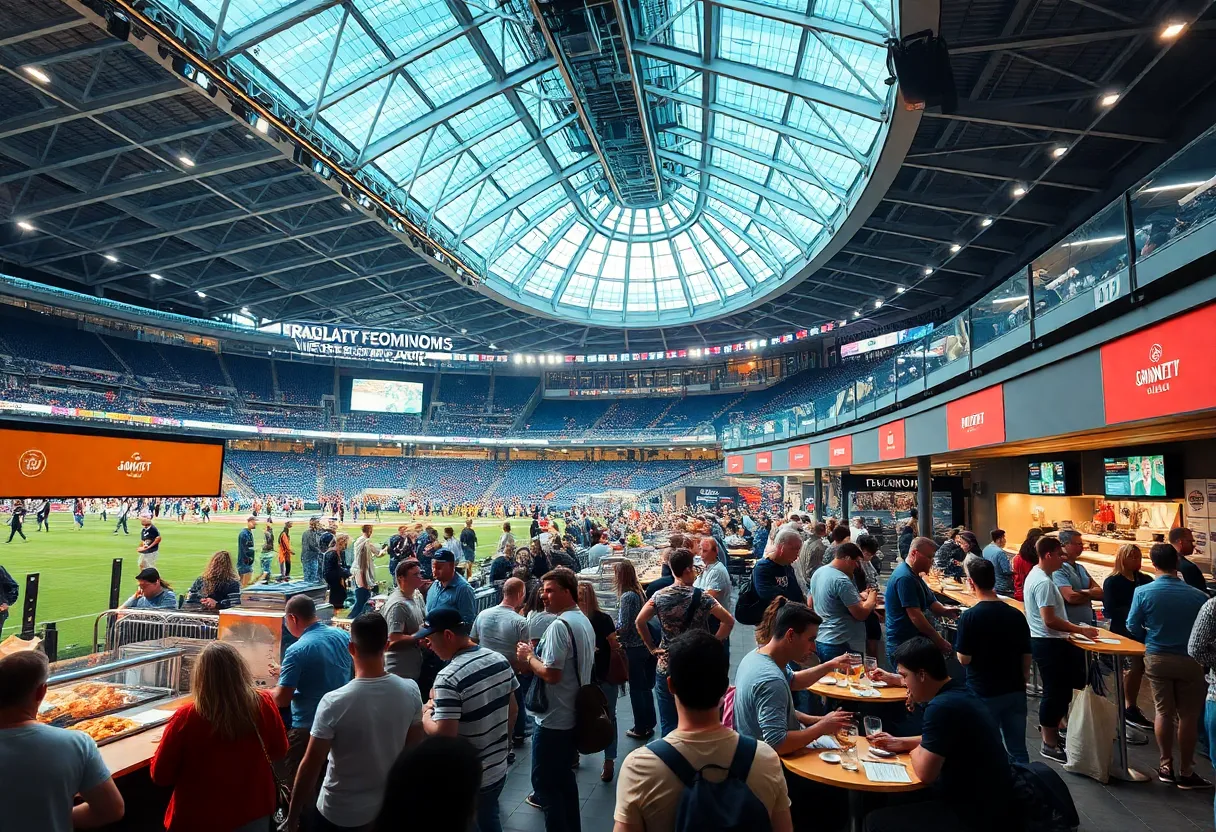 A busy sports venue with event attendees enjoying various food and beverage options.