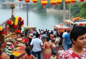Families celebrating at the Día de los Muertos Festival in Buffalo with colorful altars and traditional decorations.