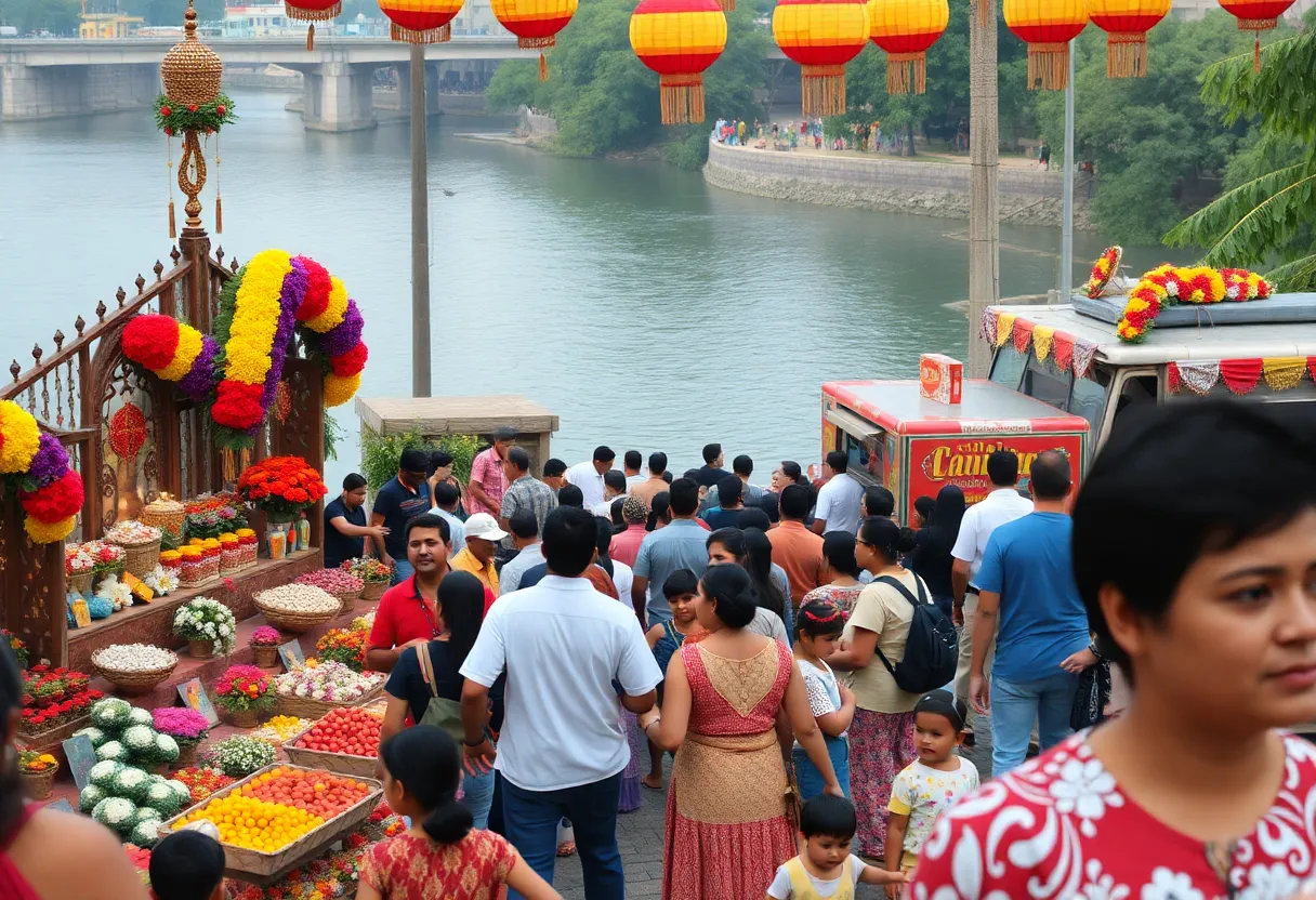 Families celebrating at the Día de los Muertos Festival in Buffalo with colorful altars and traditional decorations.