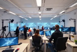 Students working in the upgraded Digital Arts Studio at Buffalo State University.
