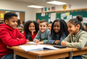 A diverse group of students learning together in a Buffalo classroom.
