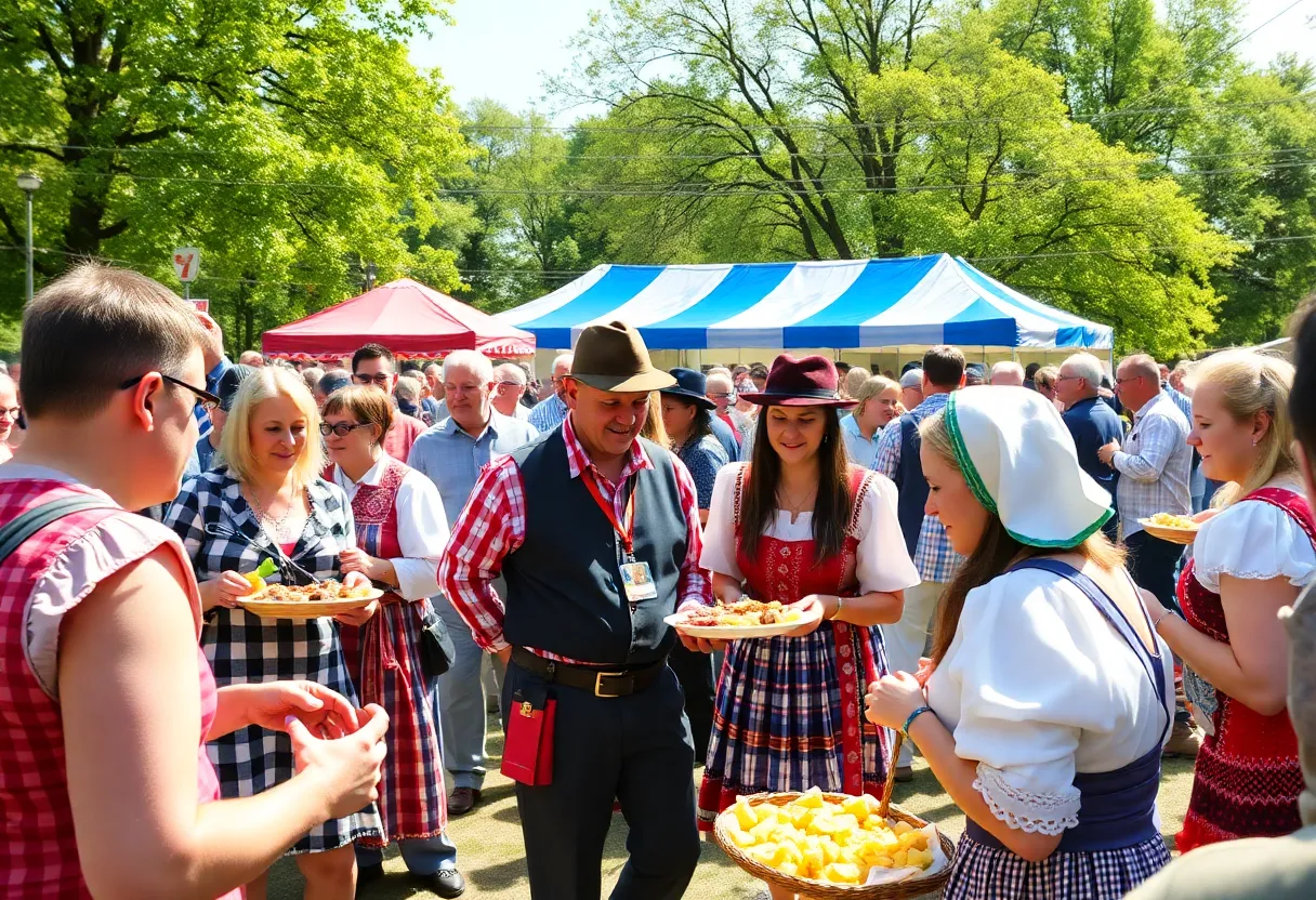 Participants enjoying the Dożynki Harvest Festival with traditional Polish foods and dances.