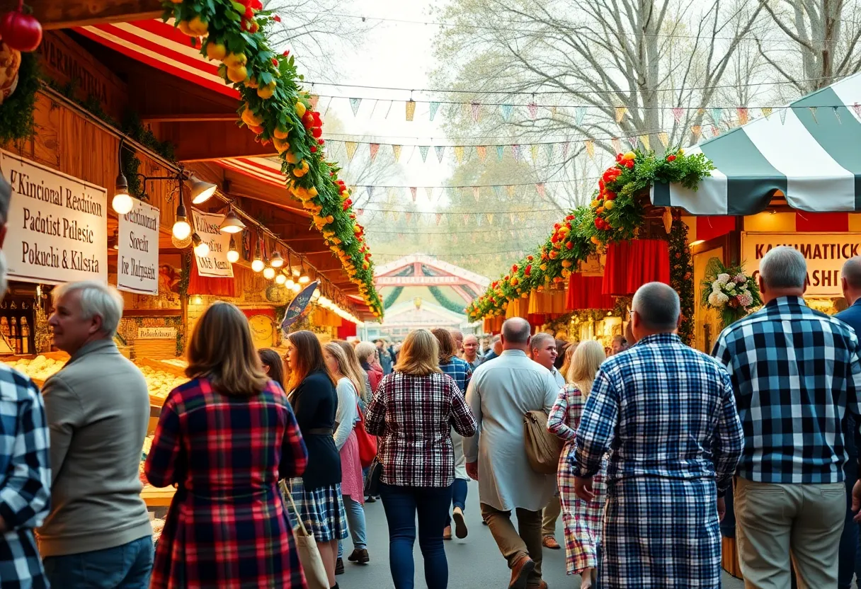 Crowds enjoying the Dożynki Polish Harvest Festival with traditional foods and activities.