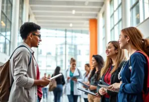 D'Youville University campus with students studying