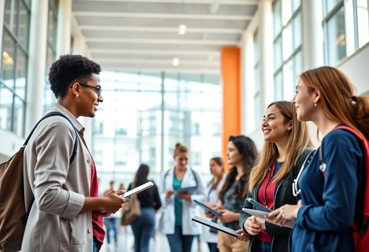 D'Youville University campus with students studying