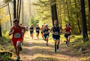D'Youville University cross country runners competing in a race.