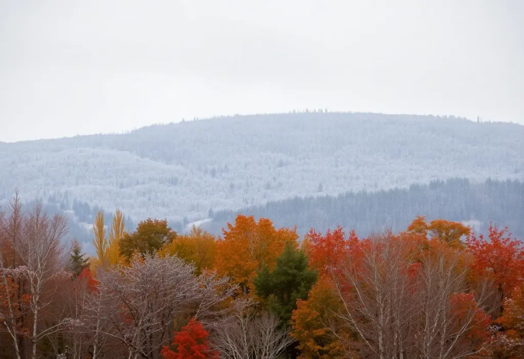 Light snowfall in Buffalo, NY with trees and autumn leaves.