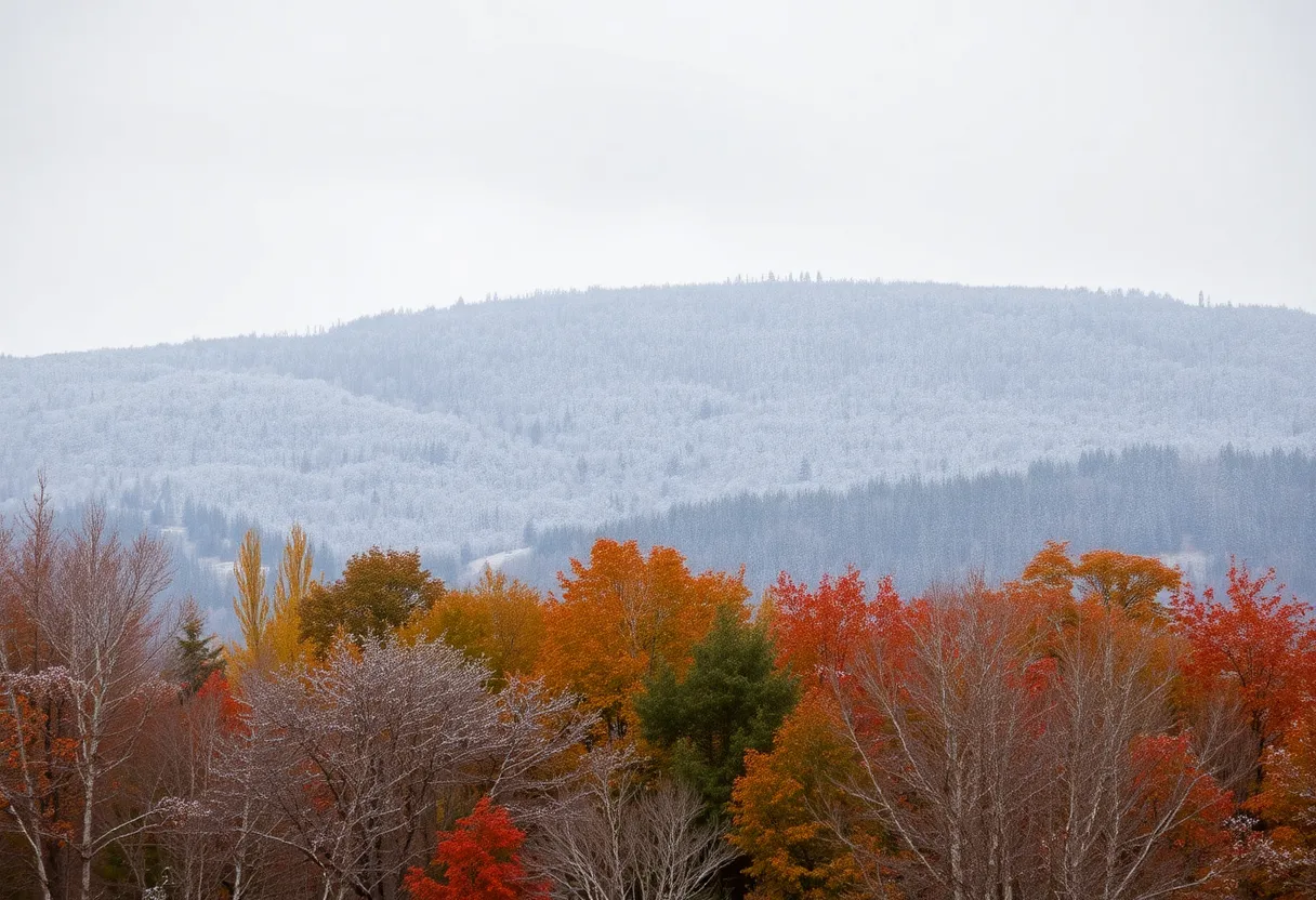 Light snowfall in Buffalo, NY with trees and autumn leaves.
