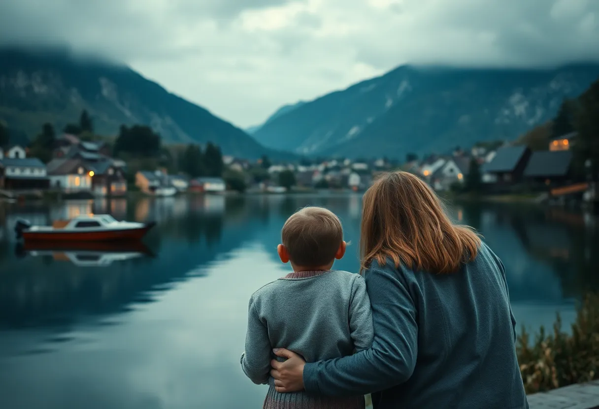 A scenic view of a lakeside town from the film 'Echoes of the Lake'.