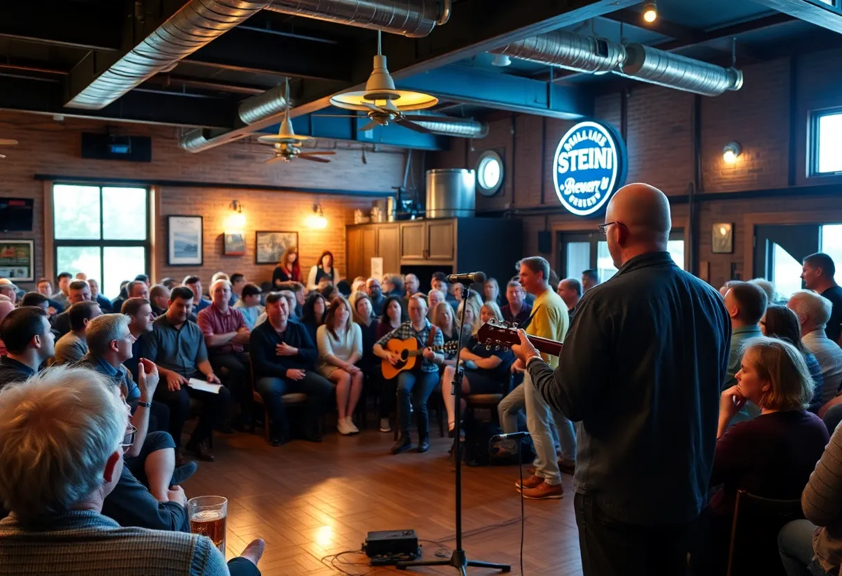A performer on stage at a brewery with an audience enjoying the live music