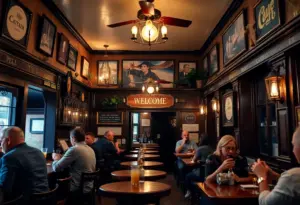 Interior of Eddie Brady's pub filled with patrons enjoying a cozy atmosphere.