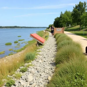Scenic view of restored shoreline with native plants at Ellicott Island Bark Park