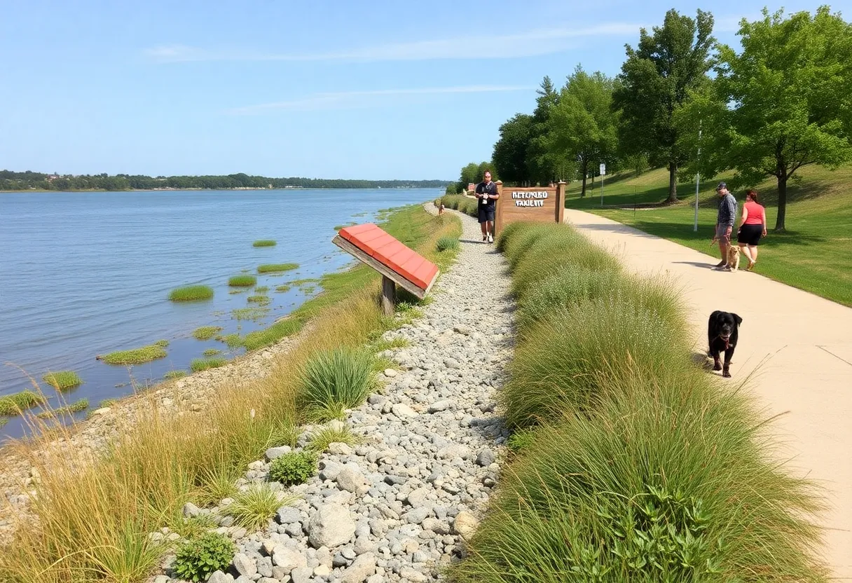 Scenic view of restored shoreline with native plants at Ellicott Island Bark Park