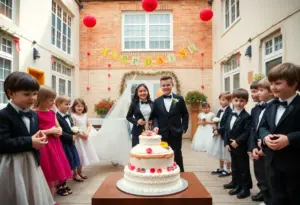 Students dressed in tuxedos and gowns at a mock wedding ceremony in a school courtyard