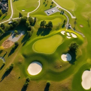 Aerial view of the Erie County Golf Course showing renovation upgrades like irrigation systems and practice facilities.